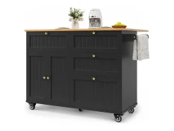 Ilha de cozinha móvel - tampo extensível - 3 gavetas e 2 portas - 1 porta basculante - com suporte para toalhas - MDF - preto + natural