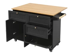 Ilha de cozinha móvel - tampo extensível - 3 gavetas e 2 portas - 1 porta basculante - com suporte para toalhas - MDF - preto + natural