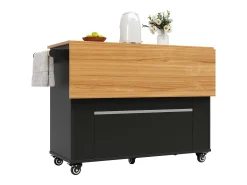 Ilha de cozinha móvel - tampo extensível - 3 gavetas e 2 portas - 1 porta basculante - com suporte para toalhas - MDF - preto + natural