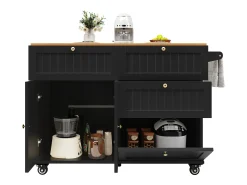 Ilha de cozinha móvel - tampo extensível - 3 gavetas e 2 portas - 1 porta basculante - com suporte para toalhas - MDF - preto + natural