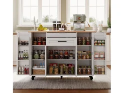 Ilha de cozinha móvel - tampo extensível - com prateleira para temperos e toalheiro - com 2 gavetas e 4 portas - MDF - Branco
