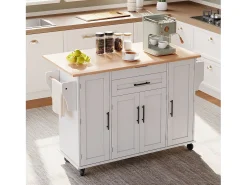Ilha de cozinha móvel - tampo extensível - com prateleira para temperos e toalheiro - com 2 gavetas e 4 portas - MDF - Branco