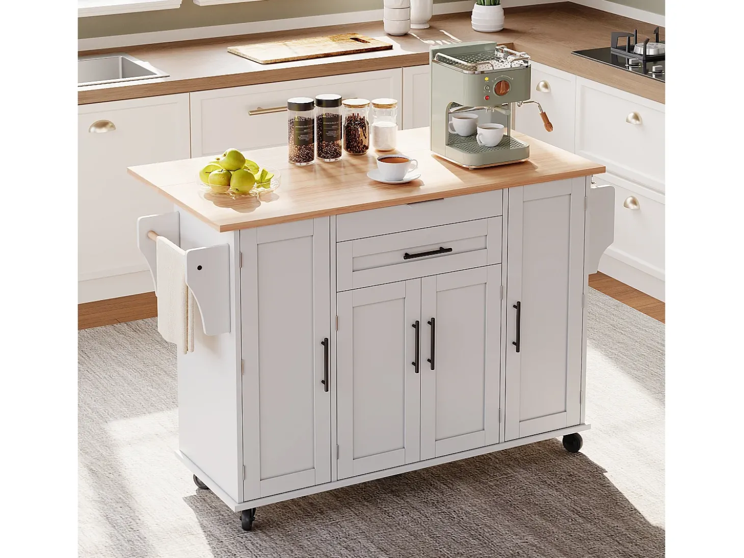 Ilha de cozinha móvel - tampo extensível - com prateleira para temperos e toalheiro - com 2 gavetas e 4 portas - MDF - Branco