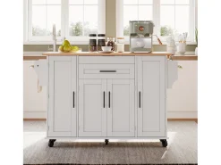 Ilha de cozinha móvel - tampo extensível - com prateleira para temperos e toalheiro - com 2 gavetas e 4 portas - MDF - Branco