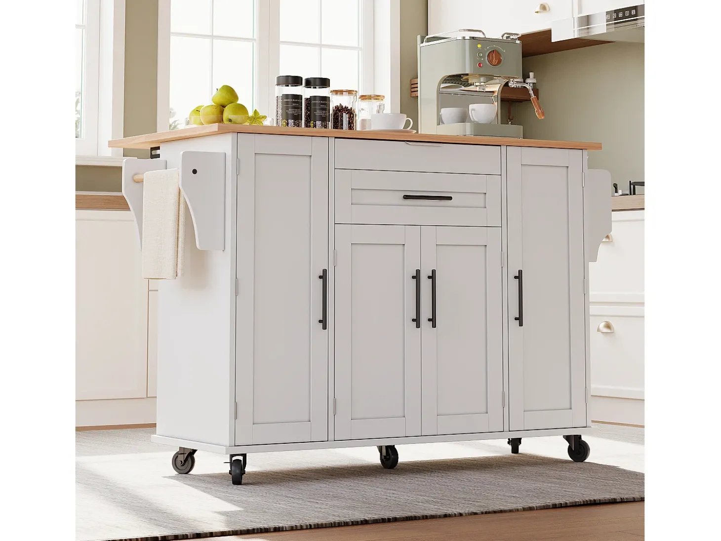 Ilha de cozinha móvel - tampo extensível - com prateleira para temperos e toalheiro - com 2 gavetas e 4 portas - MDF - Branco