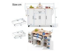 Ilha de cozinha móvel - tampo extensível - com prateleira para temperos e toalheiro - com 2 gavetas e 4 portas - MDF - Branco