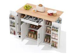 Ilha de cozinha móvel - tampo extensível - com prateleira para temperos e toalheiro - com 2 gavetas e 4 portas - MDF - Branco