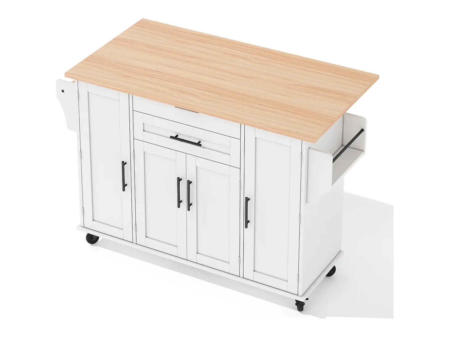 Ilha de cozinha móvel - tampo extensível - com prateleira para temperos e toalheiro - com 2 gavetas e 4 portas - MDF - Branco