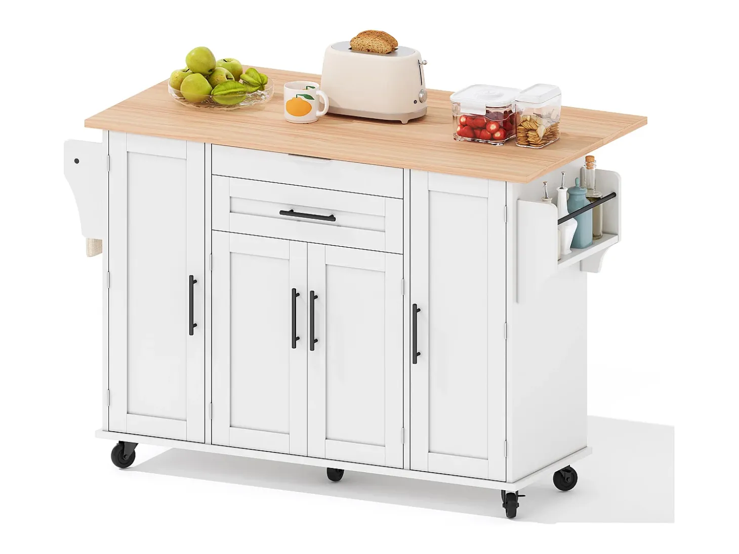 Ilha de cozinha móvel - tampo extensível - com prateleira para temperos e toalheiro - com 2 gavetas e 4 portas - MDF - Branco