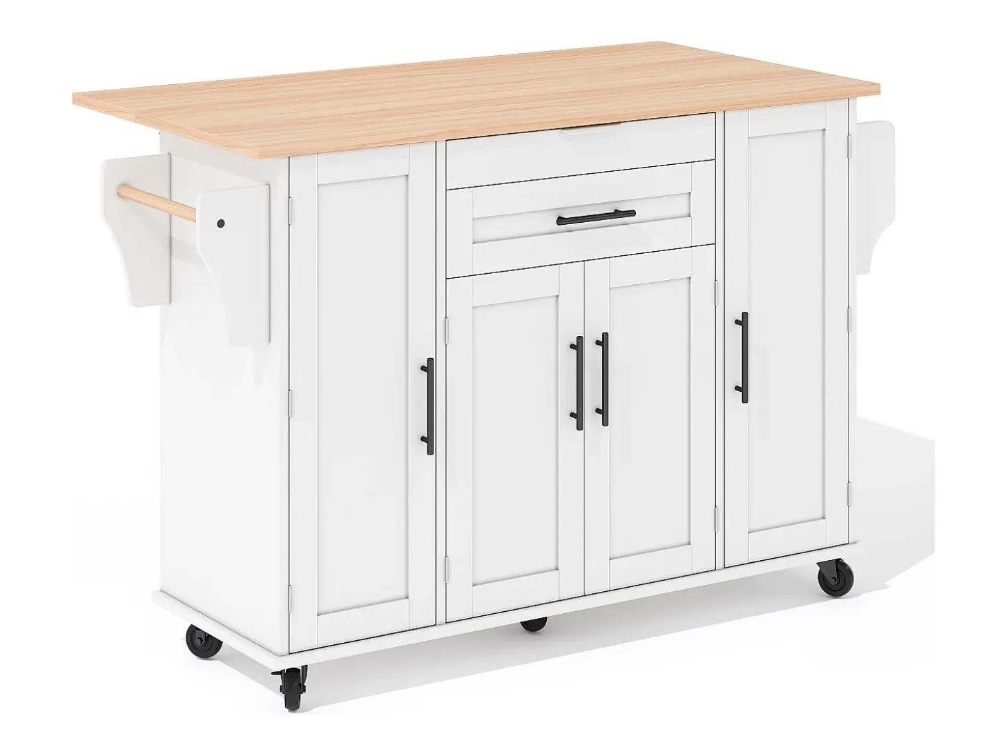 Ilha de cozinha móvel - tampo extensível - com prateleira para temperos e toalheiro - com 2 gavetas e 4 portas - MDF - Branco