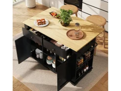 Ilha de cozinha móvel com 2 portas, 2 gavetas e prateleiras laterais - Tampo extensível - 151,5x59,7(84,7)x91,7cm - MDF - Preto