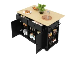 Ilha de cozinha móvel com 2 portas, 2 gavetas e prateleiras laterais - Tampo extensível - 151,5x59,7(84,7)x91,7cm - MDF - Preto