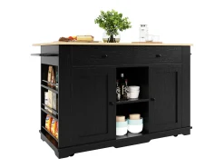Ilha de cozinha móvel com 2 portas, 2 gavetas e prateleiras laterais - Tampo extensível - 151,5x59,7(84,7)x91,7cm - MDF - Preto