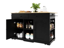 Ilha de cozinha móvel com 2 portas, 2 gavetas e prateleiras laterais - Tampo extensível - 151,5x59,7(84,7)x91,7cm - MDF - Preto