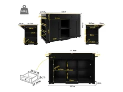 Ilha de cozinha móvel com 2 portas, 2 gavetas e prateleiras laterais - Tampo extensível - 151,5x59,7(84,7)x91,7cm - MDF - Preto