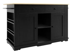 Ilha de cozinha móvel com 2 portas, 2 gavetas e prateleiras laterais - Tampo extensível - 151,5x59,7(84,7)x91,7cm - MDF - Preto