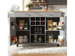 Ilha de cozinha móvel com 2 gavetas, 2 portas e suporte para 6 garrafas de vinho - 102x45x92cm - MDF e metal - Cinza