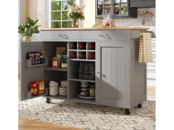 Ilha de cozinha móvel com 2 gavetas, 2 portas e suporte para 6 garrafas de vinho - 102x45x92cm - MDF e metal - Cinza