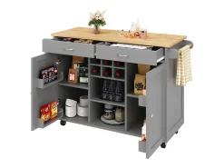 Ilha de cozinha móvel com 2 gavetas, 2 portas e suporte para 6 garrafas de vinho - 102x45x92cm - MDF e metal - Cinza