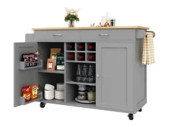 Ilha de cozinha móvel com 2 gavetas, 2 portas e suporte para 6 garrafas de vinho - 102x45x92cm - MDF e metal - Cinza