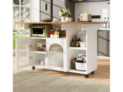 Ilha de cozinha móvel com 2 portas e prateleiras abertas - Tampo extensível - 120x30(70)x79,5cm - Madeira MDF - Branco e natural