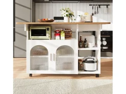 Ilha de cozinha móvel com 2 portas e prateleiras abertas - Tampo extensível - 120x30(70)x79,5cm - Madeira MDF - Branco e natural