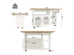 Ilha de cozinha móvel com 2 portas e prateleiras abertas - Tampo extensível - 120x30(70)x79,5cm - Madeira MDF - Branco e natural