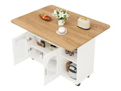 Ilha de cozinha móvel com 2 portas e prateleiras abertas - Tampo extensível - 120x30(70)x79,5cm - Madeira MDF - Branco e natural