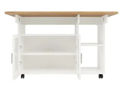 Ilha de cozinha móvel com 2 portas e prateleiras abertas - Tampo extensível - 120x30(70)x79,5cm - Madeira MDF - Branco e natural