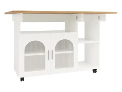 Ilha de cozinha móvel com 2 portas e prateleiras abertas - Tampo extensível - 120x30(70)x79,5cm - Madeira MDF - Branco e natural