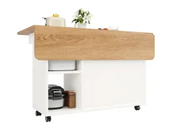 Ilha de cozinha móvel com 2 portas e prateleiras abertas - Tampo extensível - 120x30(70)x79,5cm - Madeira MDF - Branco e natural