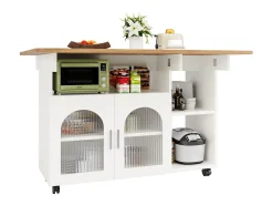 Ilha de cozinha móvel com 2 portas e prateleiras abertas - Tampo extensível - 120x30(70)x79,5cm - Madeira MDF - Branco e natural