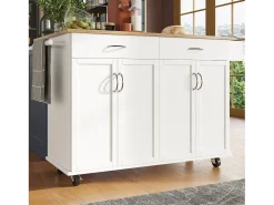 Ilha de cozinha móvel com 4 portas e 2 gavetas - Tampo extensível - 106x50(78)x90,5cm - Madeira MDF - Branco e natural