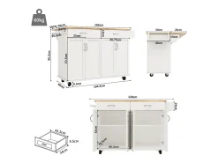 Ilha de cozinha móvel com 4 portas e 2 gavetas - Tampo extensível - 106x50(78)x90,5cm - Madeira MDF - Branco e natural