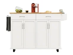 Ilha de cozinha móvel com 4 portas e 2 gavetas - Tampo extensível - 106x50(78)x90,5cm - Madeira MDF - Branco e natural