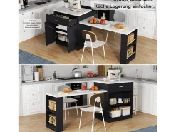 Ilha de cozinha móvel com 2 gavetas, 2 portas e prateleiras de armazenamento - 211x55x89,5 cm - MDF - Preto + branco