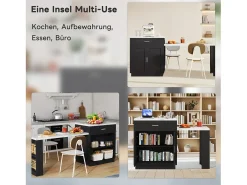 Ilha de cozinha móvel com 2 gavetas, 2 portas e prateleiras de armazenamento - 211x55x89,5 cm - MDF - Preto + branco