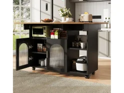 Ilha de cozinha móvel com 2 portas e prateleiras abertas - Tampo extensível - 120x30(70)x79,5cm - Madeira MDF - Preto e natural