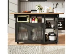 Ilha de cozinha móvel com 2 portas e prateleiras abertas - Tampo extensível - 120x30(70)x79,5cm - Madeira MDF - Preto e natural