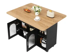 Ilha de cozinha móvel com 2 portas e prateleiras abertas - Tampo extensível - 120x30(70)x79,5cm - Madeira MDF - Preto e natural