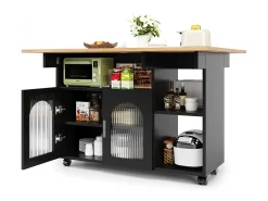 Ilha de cozinha móvel com 2 portas e prateleiras abertas - Tampo extensível - 120x30(70)x79,5cm - Madeira MDF - Preto e natural