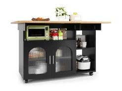 Ilha de cozinha móvel com 2 portas e prateleiras abertas - Tampo extensível - 120x30(70)x79,5cm - Madeira MDF - Preto e natural