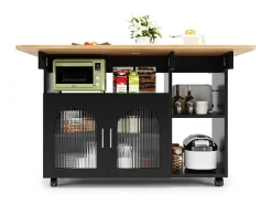 Ilha de cozinha móvel com 2 portas e prateleiras abertas - Tampo extensível - 120x30(70)x79,5cm - Madeira MDF - Preto e natural