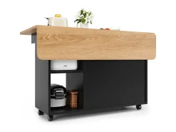 Ilha de cozinha móvel com 2 portas e prateleiras abertas - Tampo extensível - 120x30(70)x79,5cm - Madeira MDF - Preto e natural