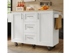 Ilha de cozinha móvel com 2 portas, 3 gavetas e toalheiro - Tampo extensível - 134,5 x 46/74 x 90,8 cm - MDF - Branco