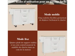 Ilha de cozinha móvel com 2 portas, 3 gavetas e toalheiro - Tampo extensível - 134,5 x 46/74 x 90,8 cm - MDF - Branco