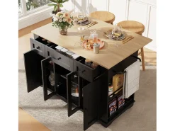 Ilha de cozinha móvel com 4 portas, 3 gavetas e prateleiras laterais - Tampo extensível - 151,5x60(85)x91,7 cm - MDF + vidro - Preto
