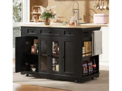 Ilha de cozinha móvel com 4 portas, 3 gavetas e prateleiras laterais - Tampo extensível - 151,5x60(85)x91,7 cm - MDF + vidro - Preto