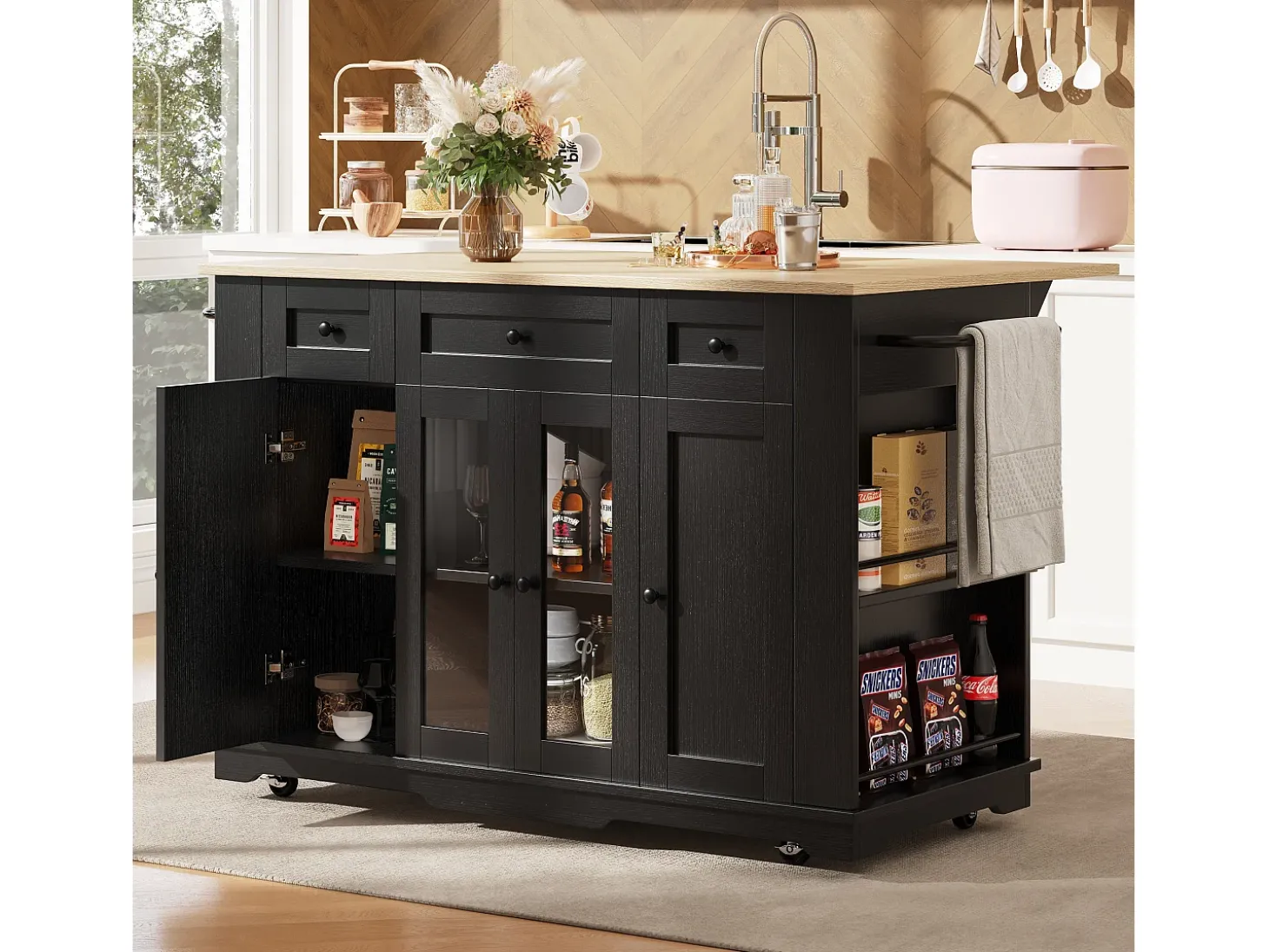 Ilha de cozinha móvel com 4 portas, 3 gavetas e prateleiras laterais - Tampo extensível - 151,5x60(85)x91,7 cm - MDF + vidro - Preto