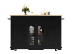 Ilha de cozinha móvel com 4 portas, 3 gavetas e prateleiras laterais - Tampo extensível - 151,5x60(85)x91,7 cm - MDF + vidro - Preto